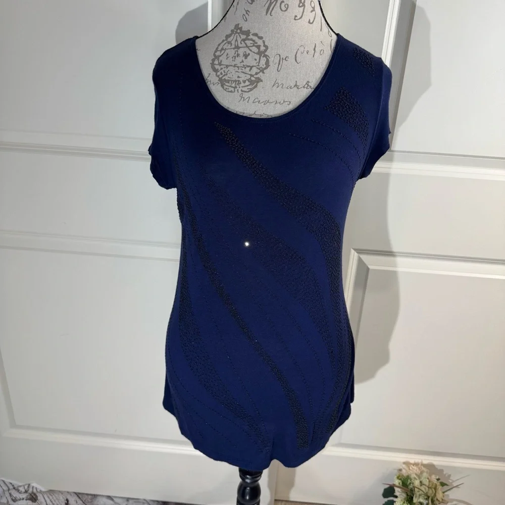 Carole Little Navy Short Sleeve Scoop Neck Top with Beading PL